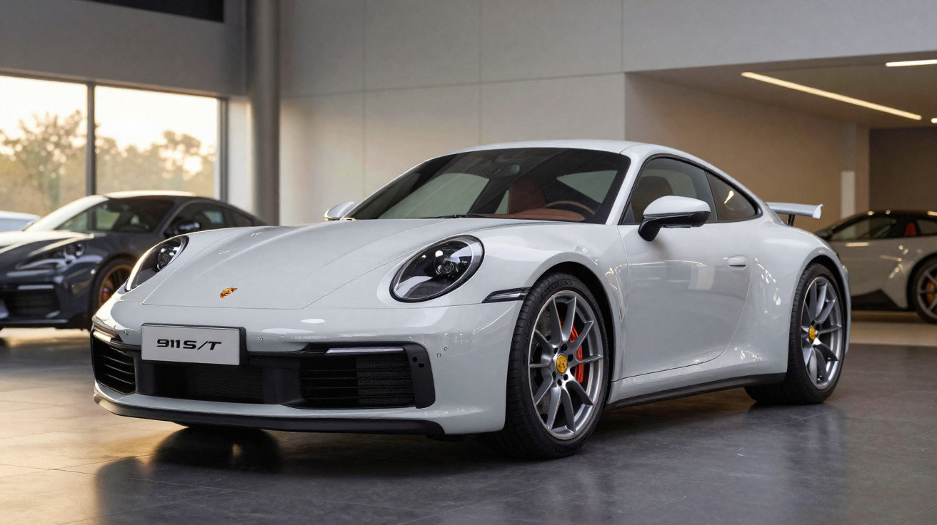 Carro desportivo Porsche 911 S/T branco estacionado em showroom moderno com piso cinzento.