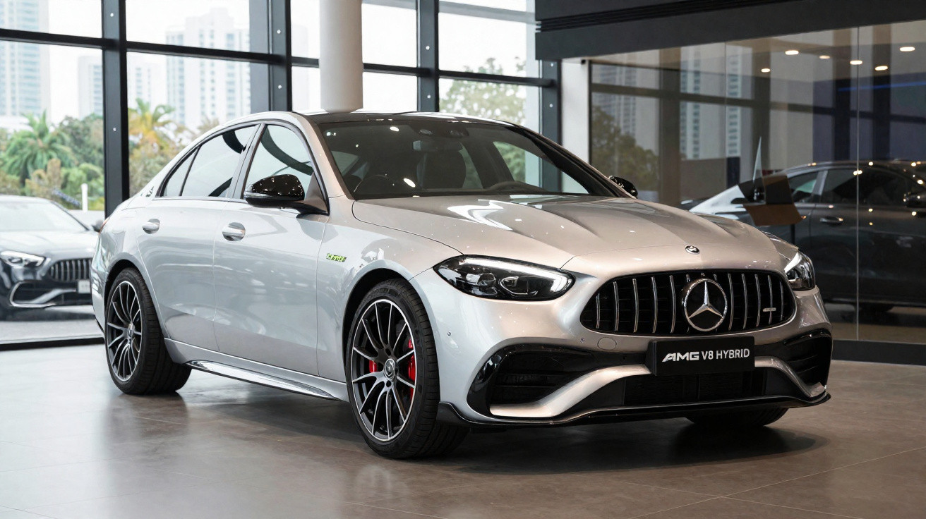 Mercedes-AMG V8 Hybrid prata apresentado em showroom moderno com jantes desportivas pretas e detalhes vermelhos.