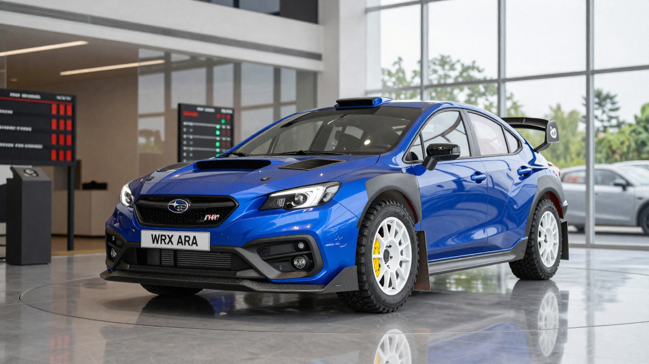 Carro de rali Subaru WRX azul com detalhes em preto e jantes brancas apresentado numa garagem moderna.