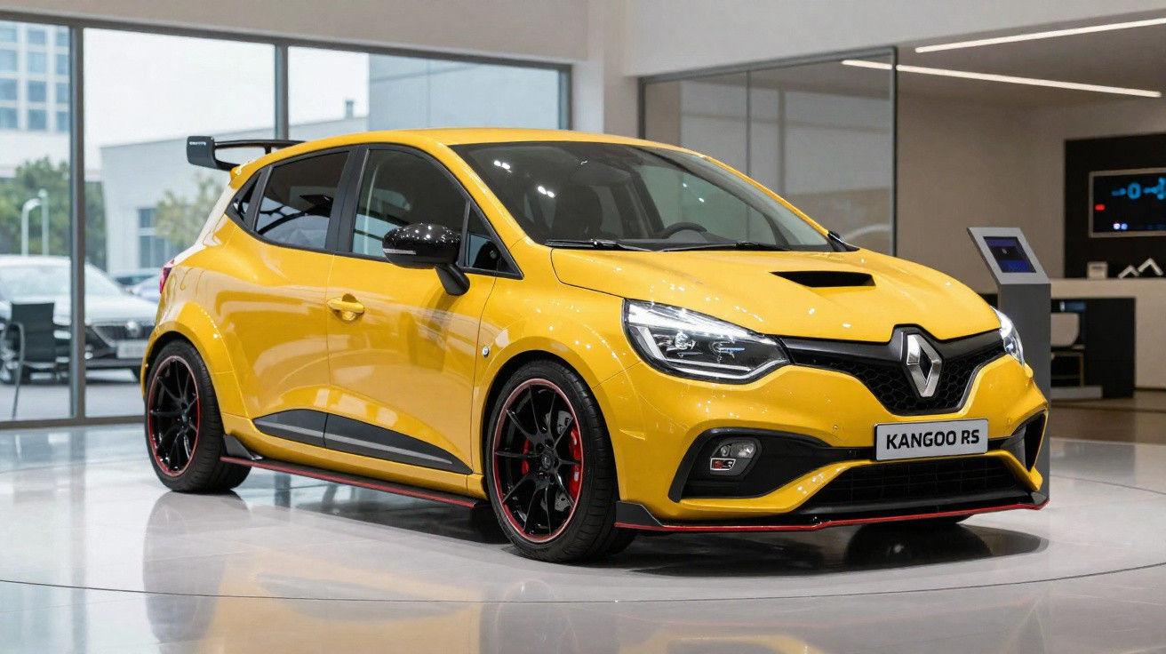 Carro desportivo Renault Kangoo RS amarelo em exposição interior com acabamento preto e vermelho.