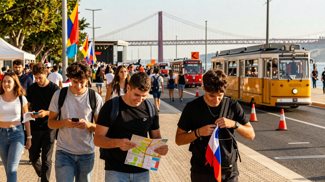 Jovens com mochilas e mapas caminham junto a elétricos amarelo e vermelho, com ponte ao fundo em dia soalheiro.