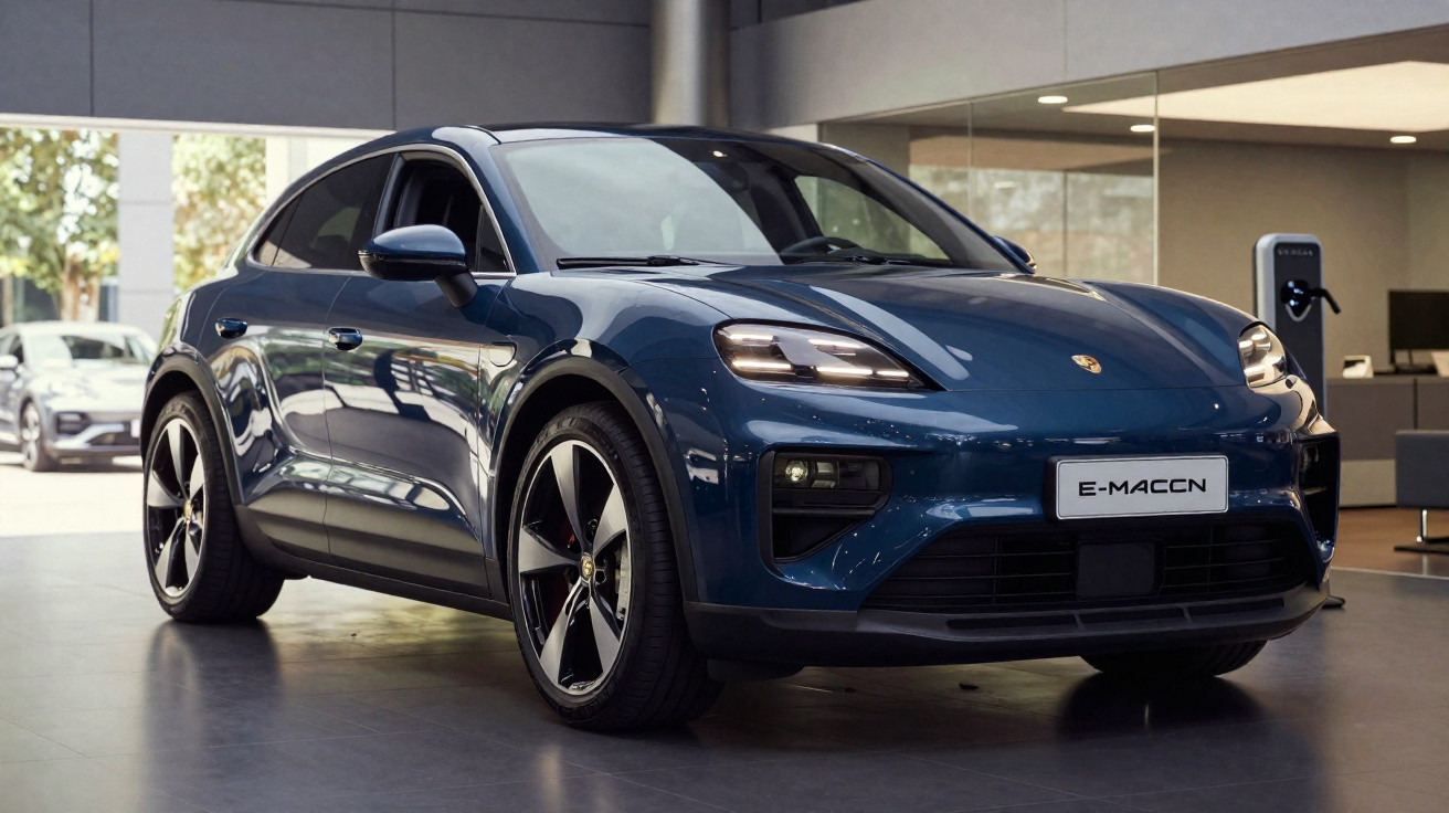 Carro elétrico Porsche E-Macan azul escuro em exposição numa sala moderna com chão brilhante.