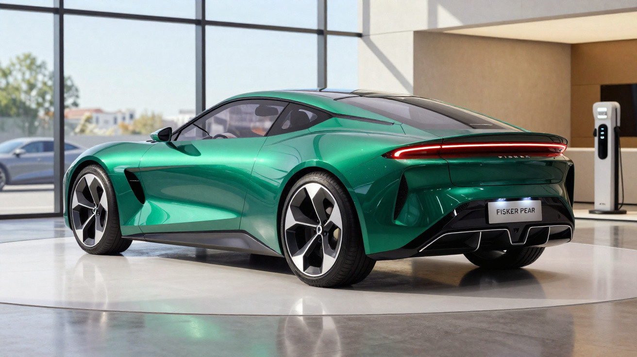 Carro elétrico desportivo verde com design aerodinâmico e carregador elétrico em sala moderna.