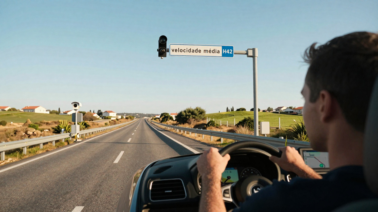 Homem a conduzir numa estrada com sinalização de controlo de velocidade média H42 em Portugal.