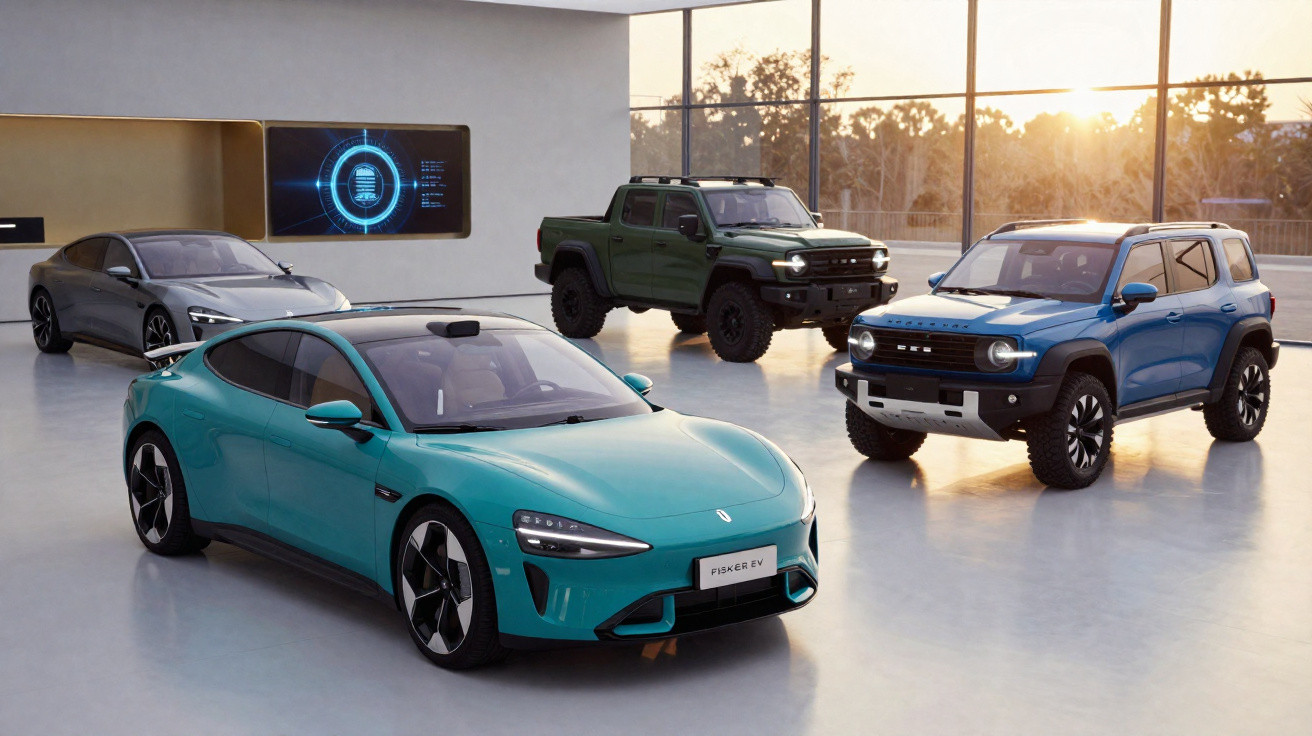 Três carros eléctricos Fisker EV exibidos num ambiente moderno com luz natural ao pôr do sol.