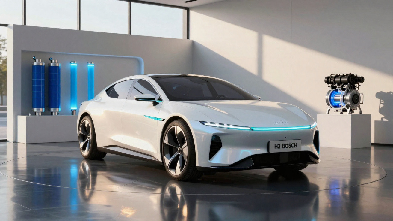 Carro elétrico branco em exposição moderna com dispositivos de energia azul ao fundo.
