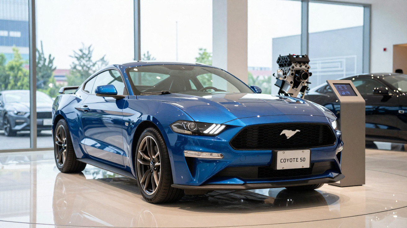Automóvel desportivo azul Ford Mustang em exposição num salão com motor ao lado.