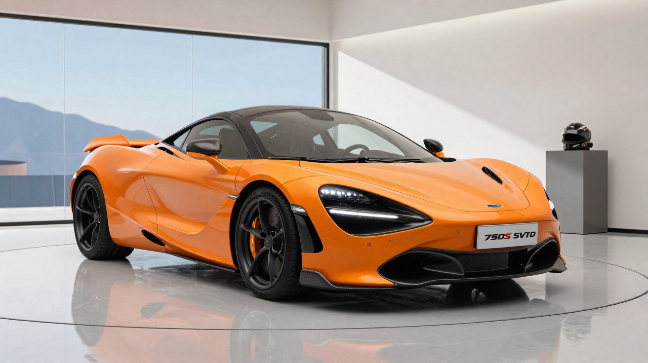 Carro desportivo laranja McLaren 750S SVTD em exposição numa sala moderna com janelas grandes.