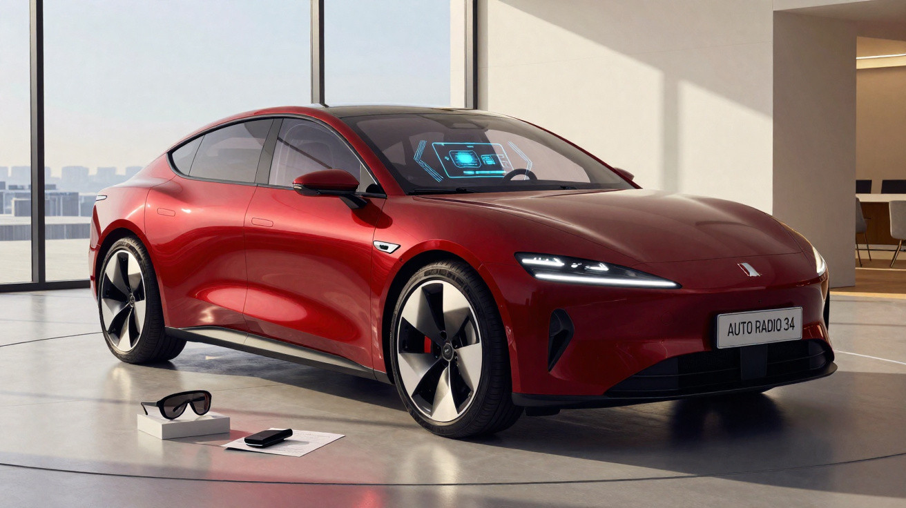 Carro elétrico vermelho desportivo estacionado em interior moderno com objetos à frente.