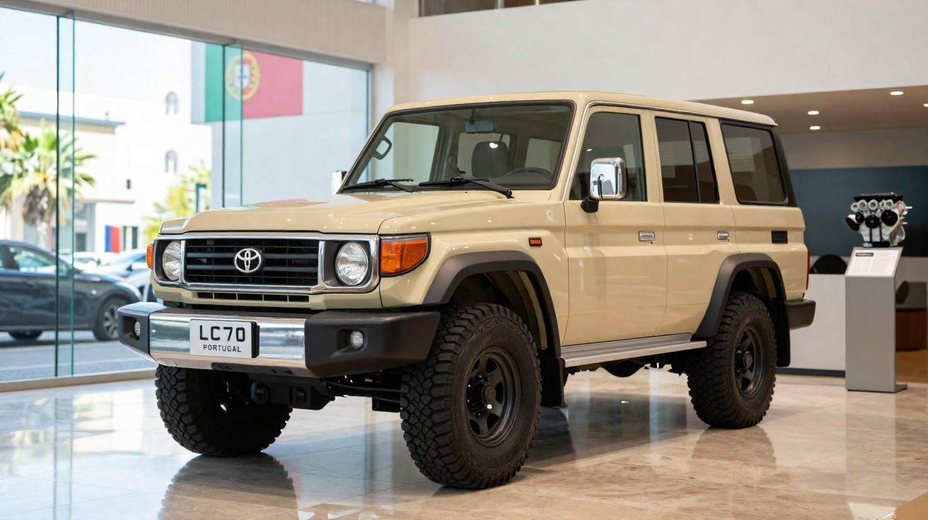 SUV Toyota Land Cruiser vintage bege exposto em showroom moderno com chão em mármore e bandeira portuguesa.
