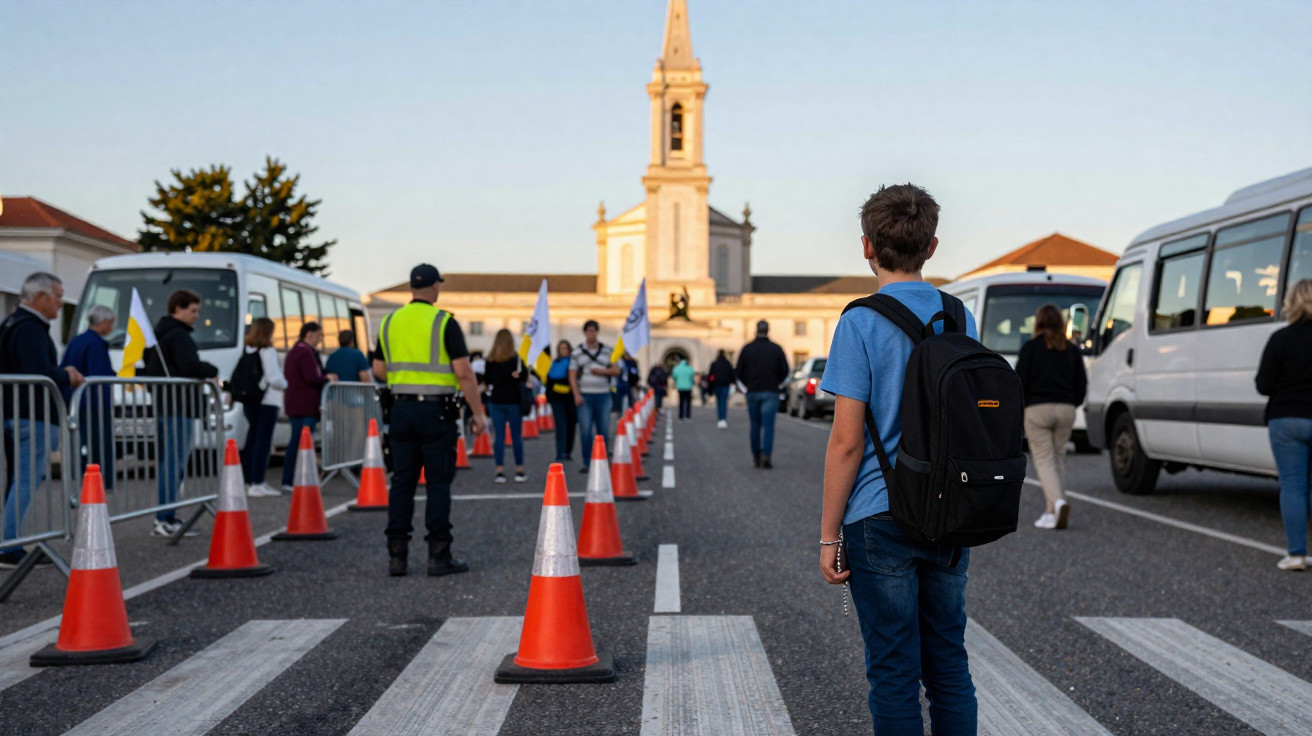 Jovem com mochila observa pessoas e polícia perto de igreja numa rua com cones de trânsito.