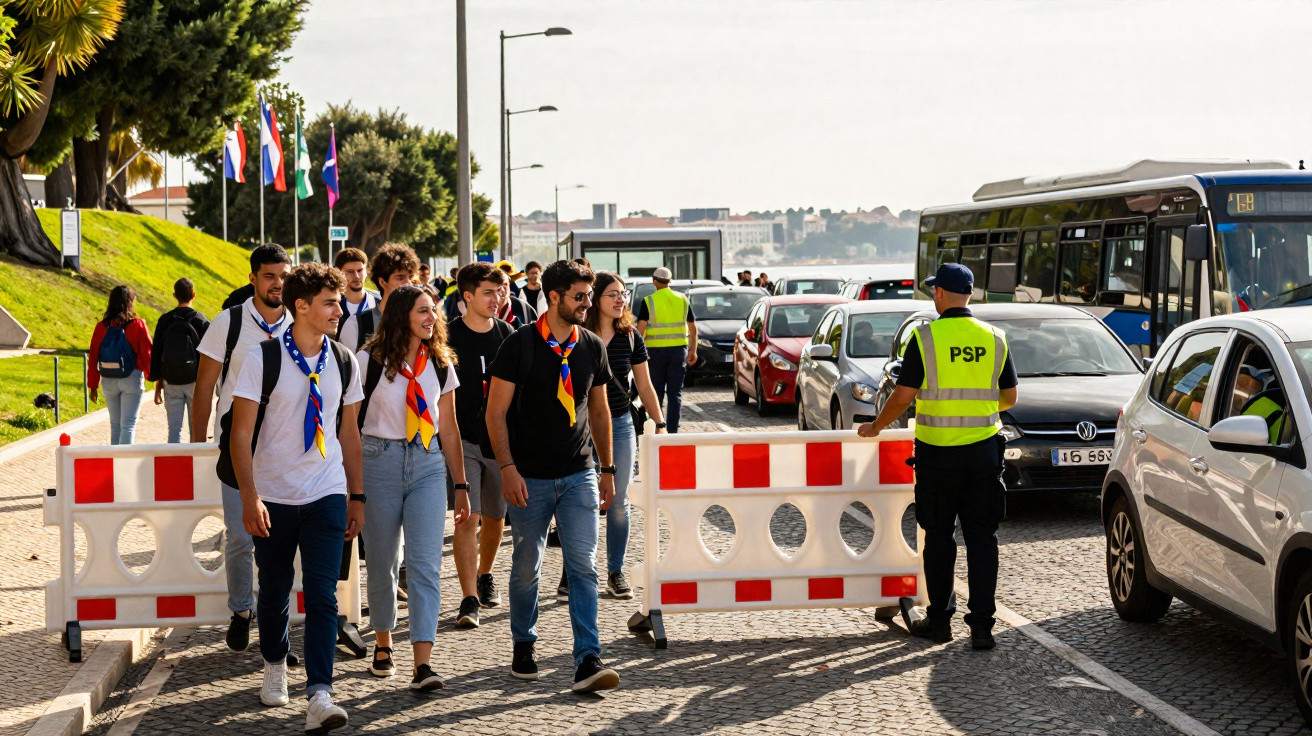 Grupo de jovens com lenços coloridos atravessa rua bloqueada por polícia PSP junto a carros e autocarro.