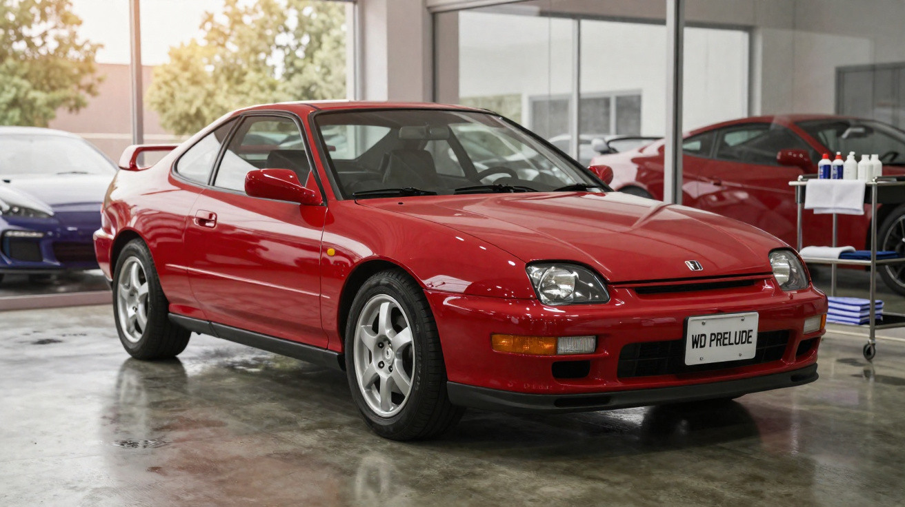 Carro desportivo vermelho Honda Prelude estacionado em garagem com piso de cimento polido.