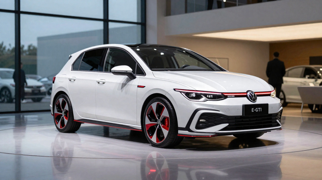 Carro elétrico Volkswagen E-GTI branco em exposição numa sala moderna com grandes janelas.