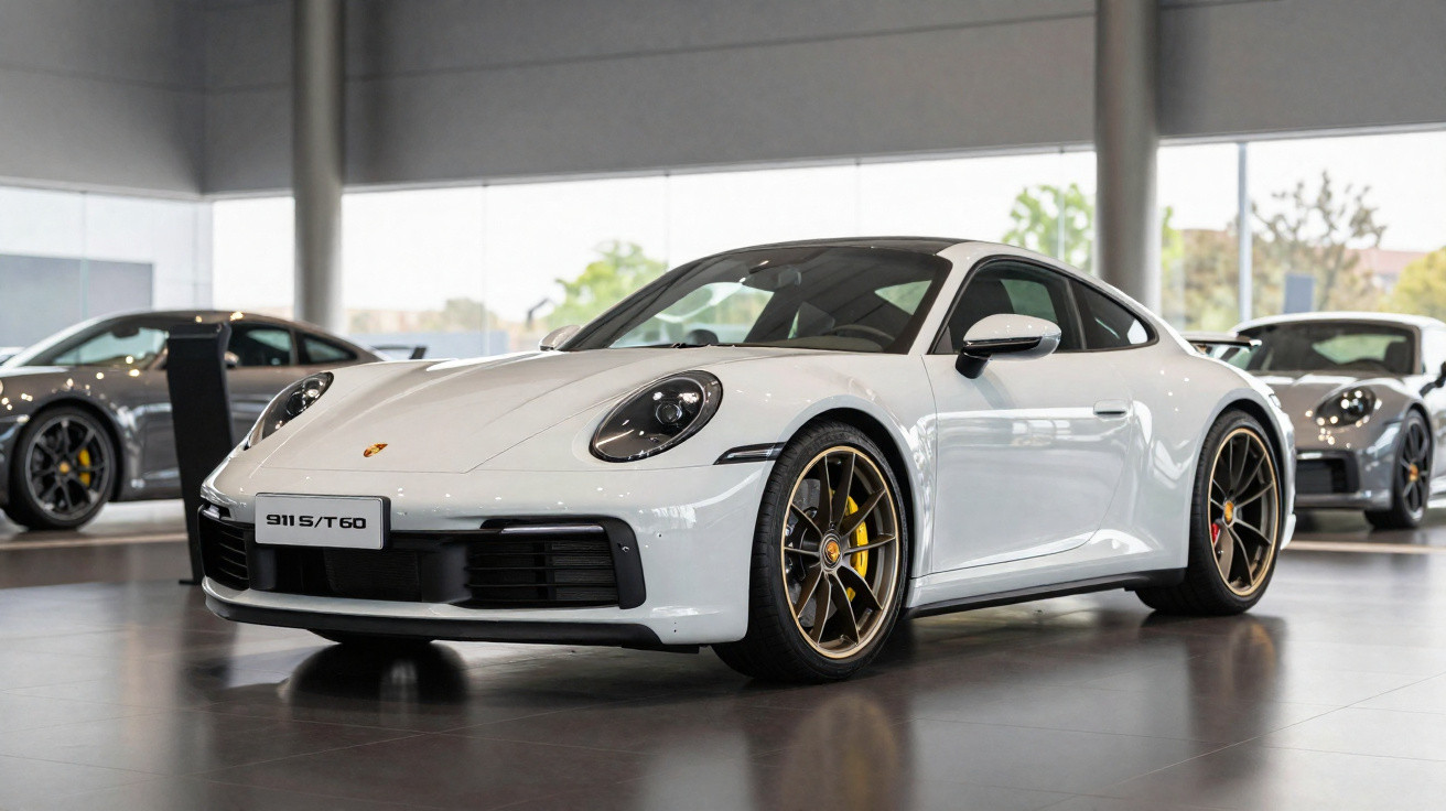 Carro desportivo Porsche 911 S/T60 branco exposto num salão com iluminação natural.