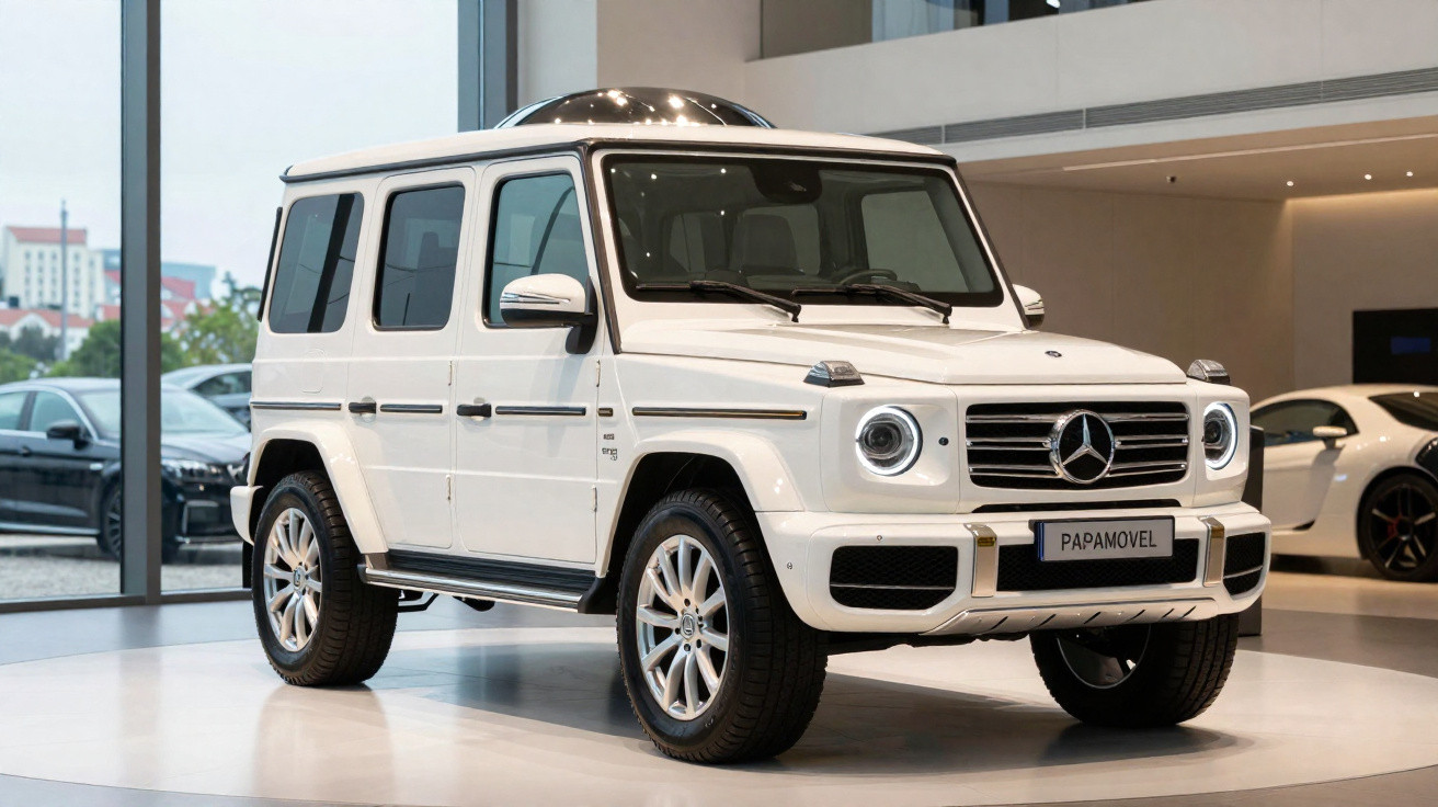 Carro todo-o-terreno Mercedes-Benz branco exposto num salão automóvel moderno.