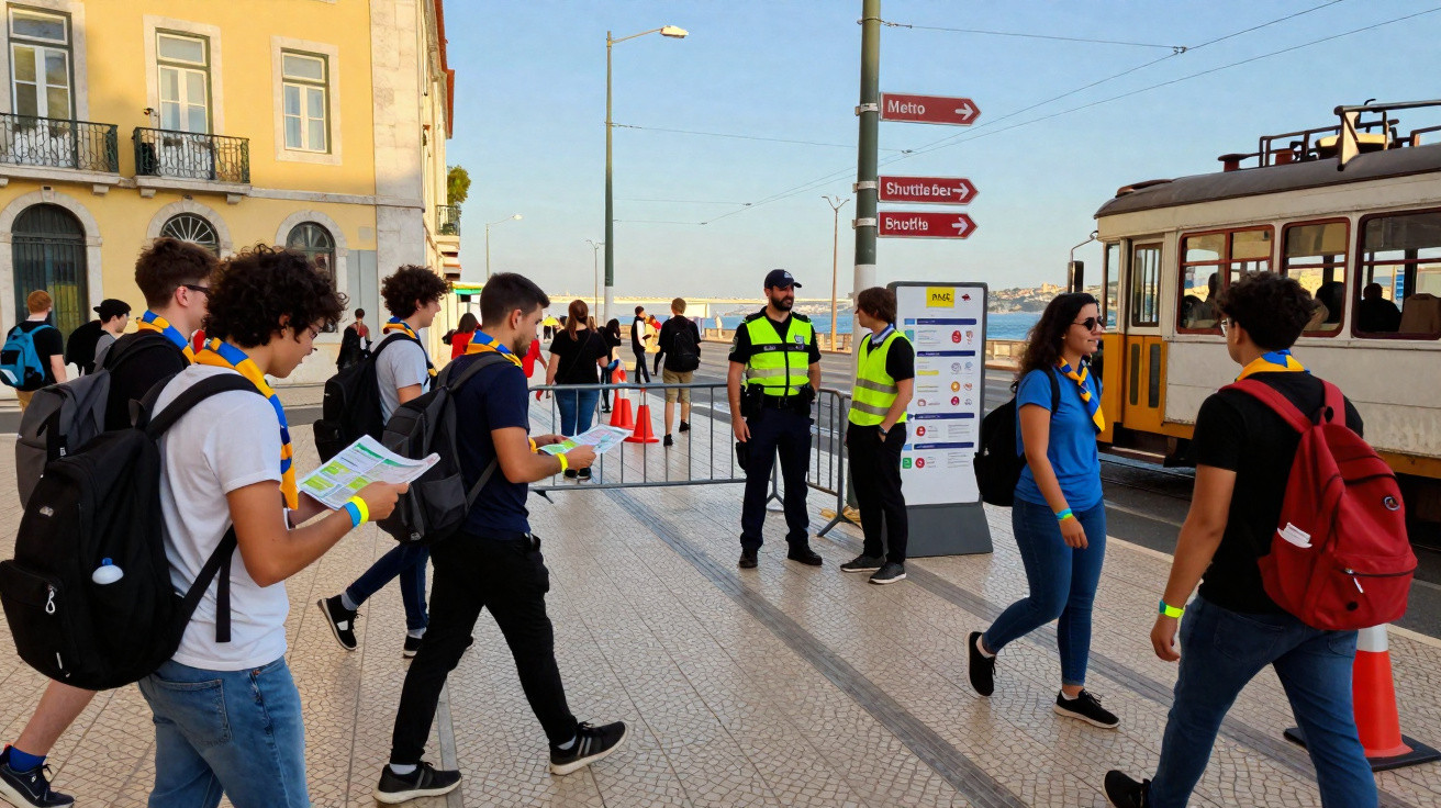 Jovens com mochilas e lenços amarelos atravessam rua perto de polícia e elétrico em zona urbanizada junto ao rio.