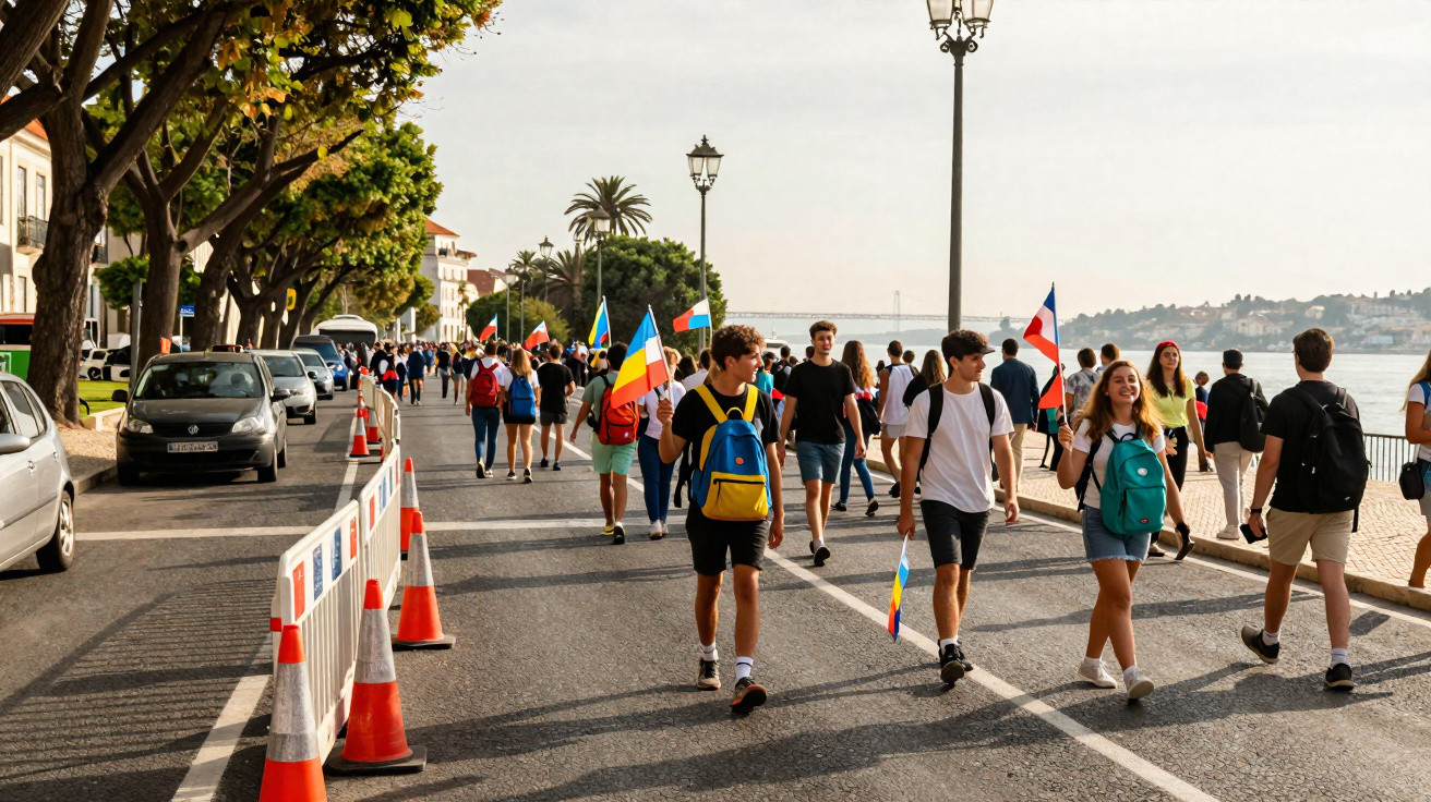 Grupo de jovens a caminhar numa avenida junto ao rio, alguns com mochilas e pequenas bandeiras.