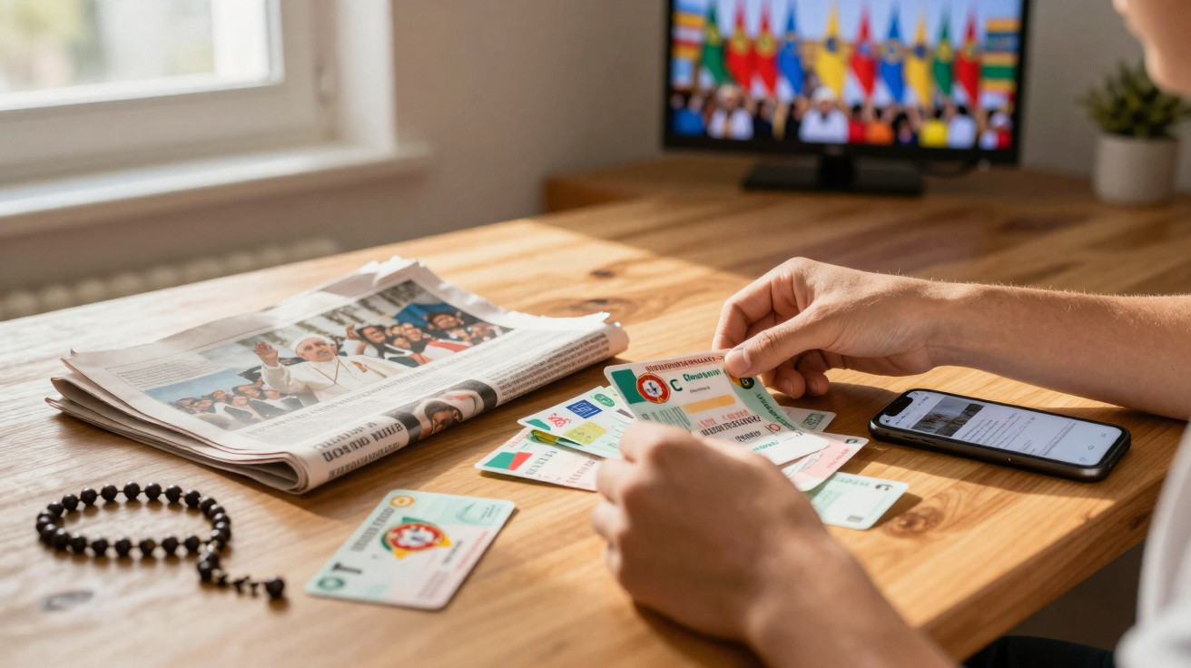 Pessoa a organizar bilhetes numa mesa com jornais, telefone e televisão ao fundo.