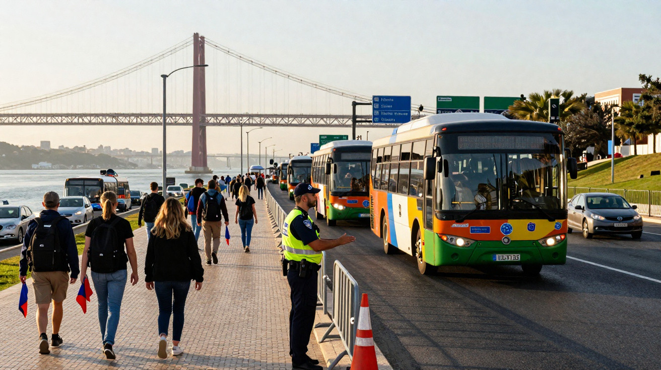 Pessoas a caminhar junto ao rio, polícia a controlar trânsito e autocarros na estrada com uma ponte ao fundo em Lisboa.