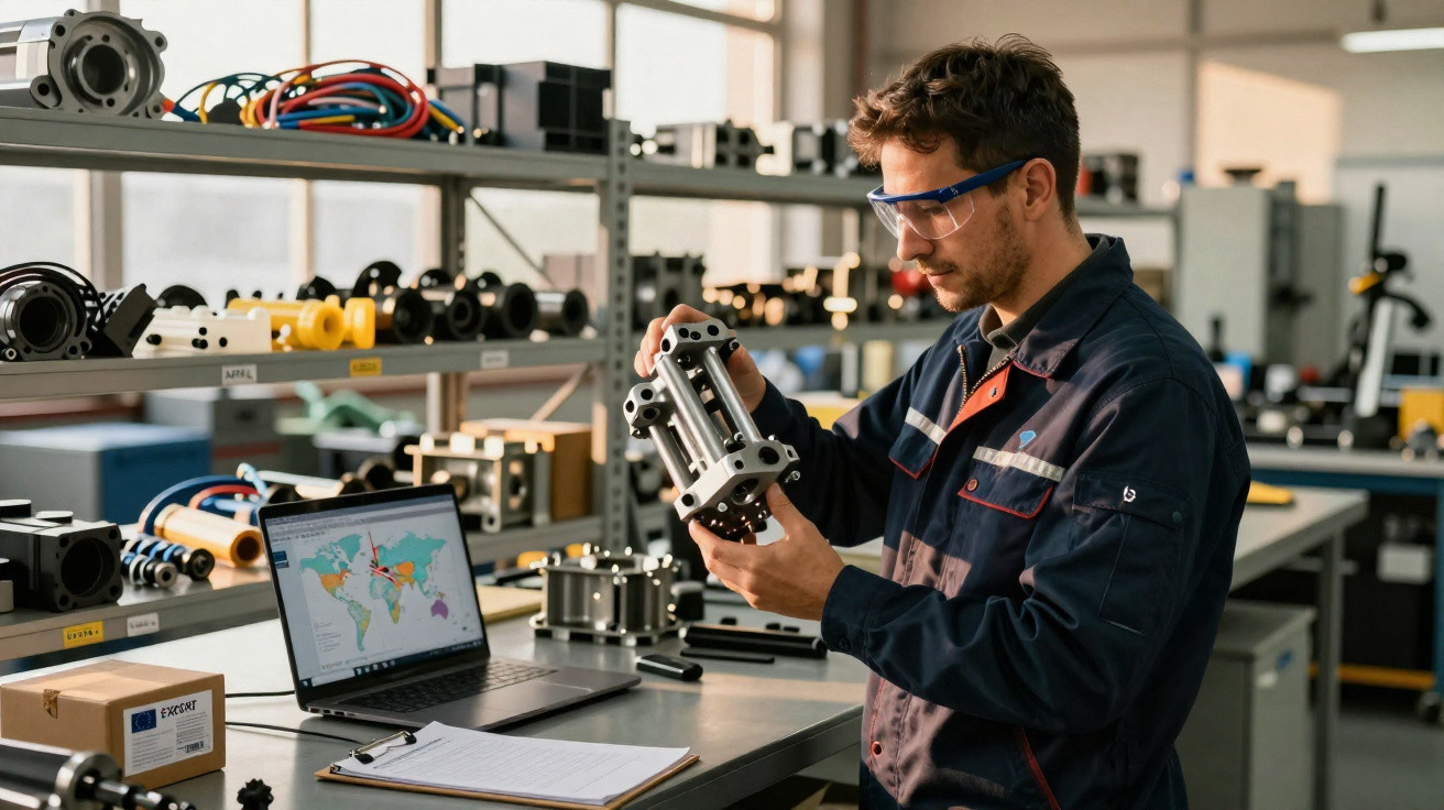 Engenheiro em oficina a analisar peça mecânica, com notebook aberto numa mesa de trabalho.