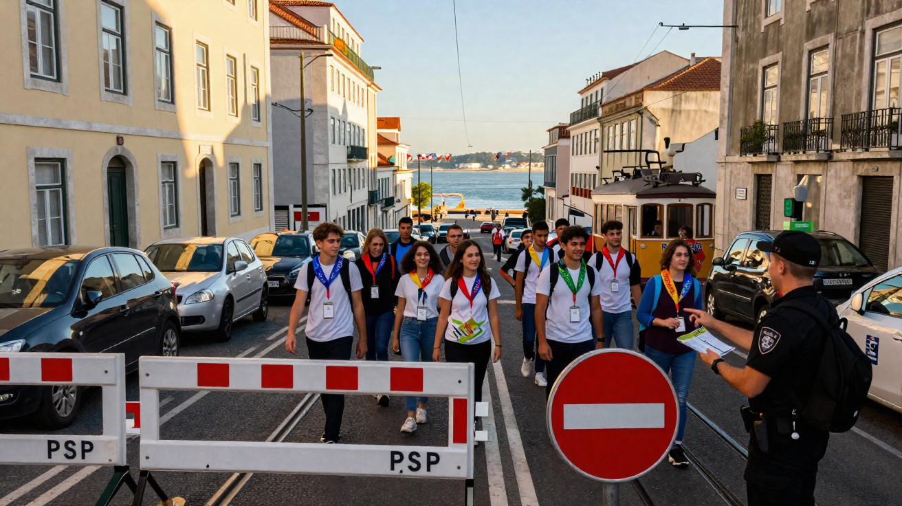 Grupo de jovens com lenços coloridos a atravessar rua bloqueada pela polícia em Lisboa.