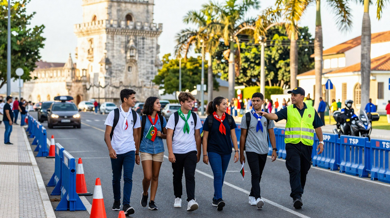 Grupo de jovens com lenços coloridos a caminhar com um agente de segurança numa rua urbana junto a uma torre histórica.