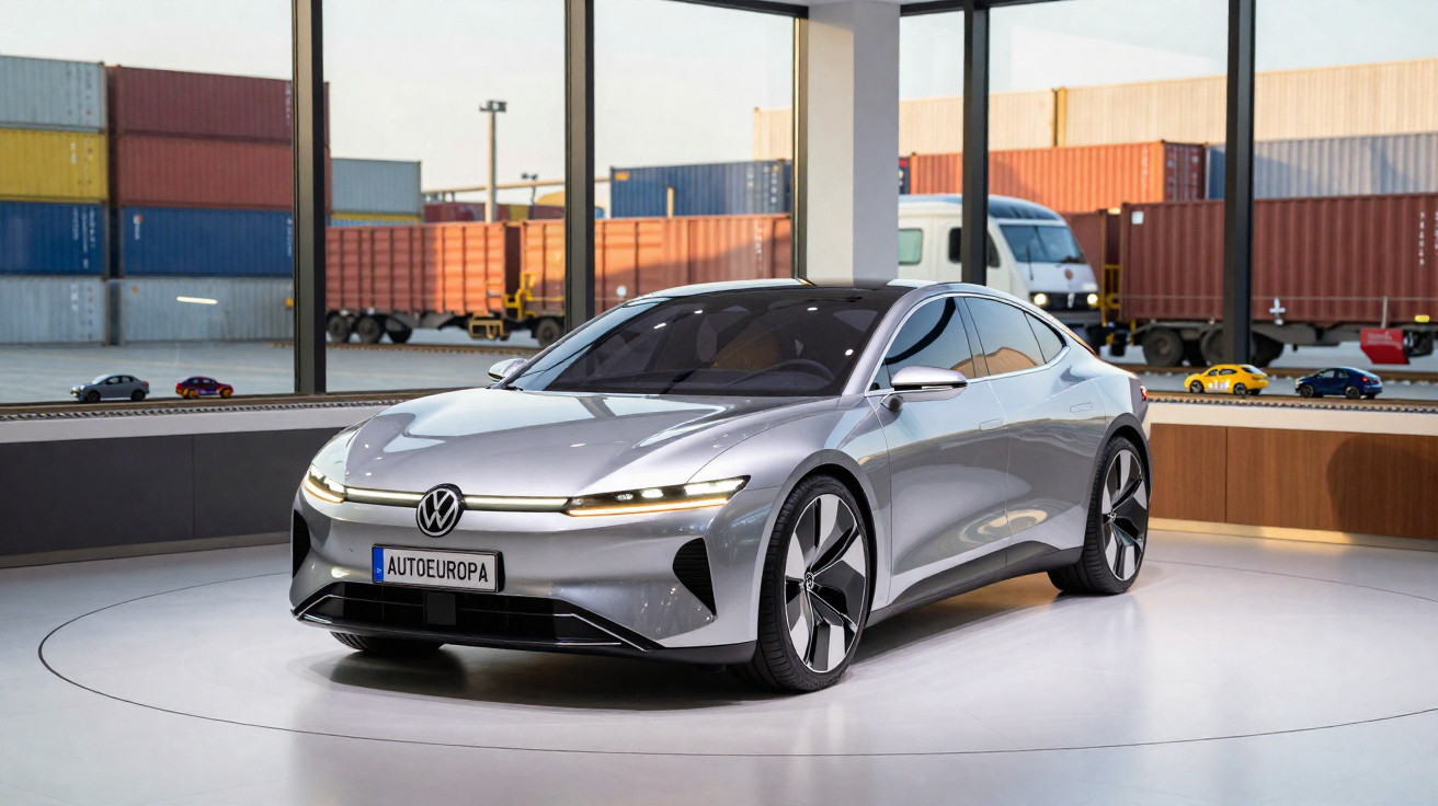 Carro elétrico Volkswagen prateado exposto num showroom com janelas amplas e contentores no exterior.