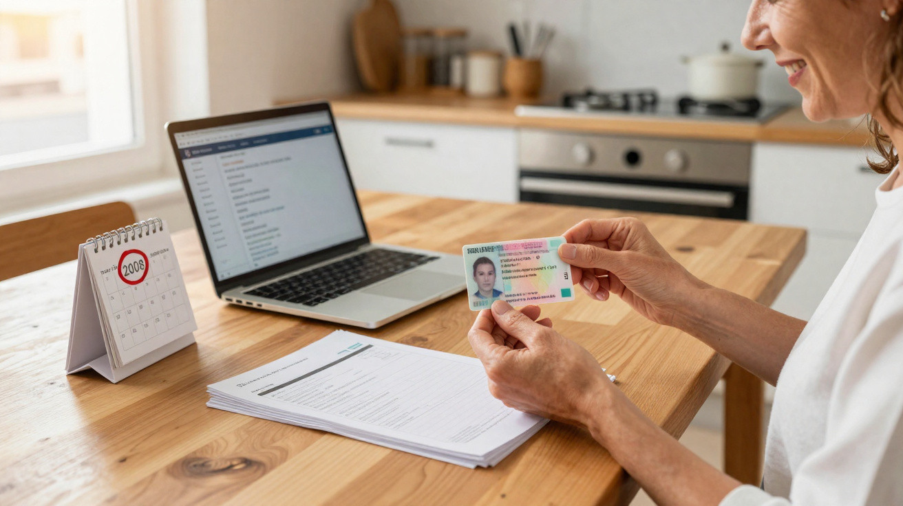 Pessoa a consultar identidade enquanto trabalha num documento junto a computador portátil numa cozinha.