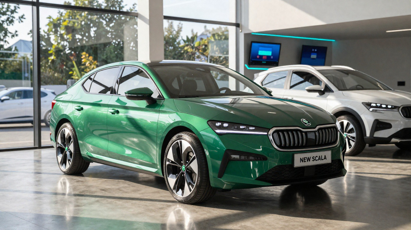 Carro verde Škoda New Scala numa exposição interior moderna com luz natural e outro veículo branco ao fundo.