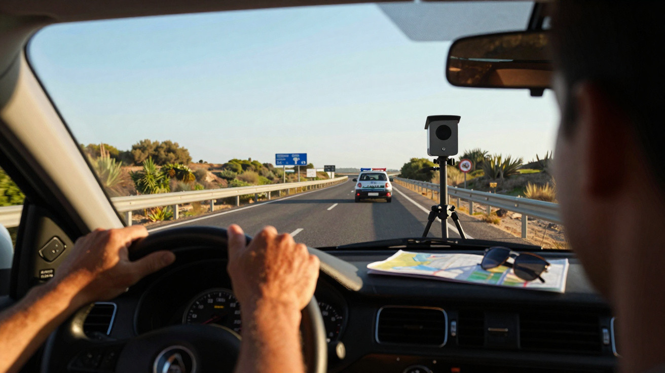 Condutor ao volante de carro a seguir um veículo de polícia numa autoestrada com radar fixo ao lado da via.
