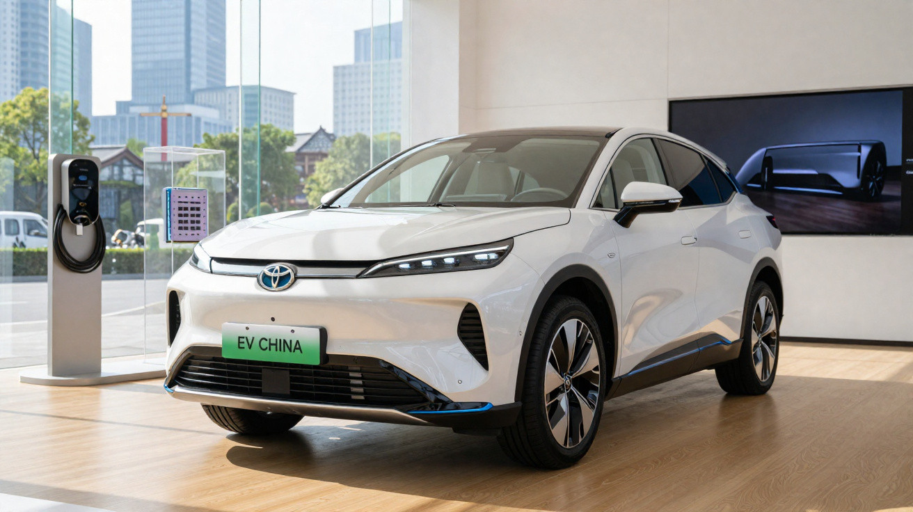 Carro elétrico branco Toyota EV China estacionado em showroom moderno com carregador elétrico junto à janela.