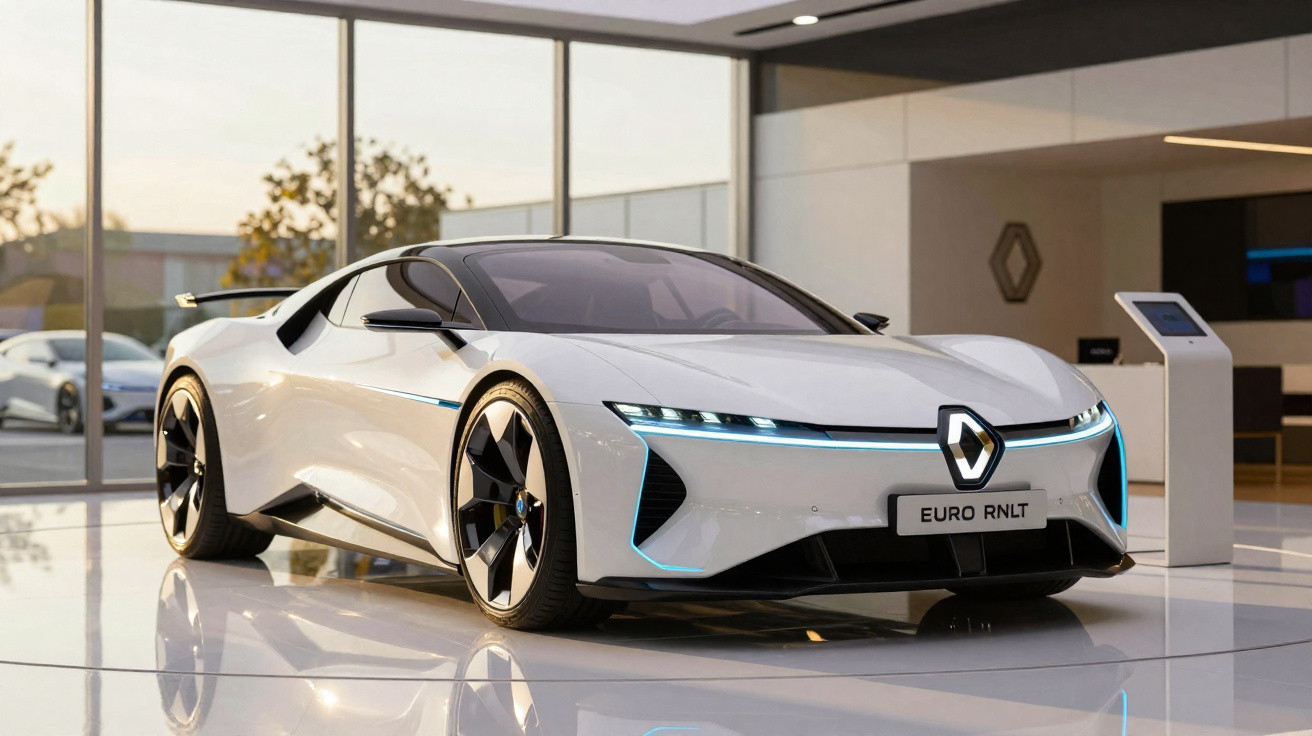 Carro desportivo eléctrico Renault Euro RNLT branco exibido em showroom moderno com luz natural.