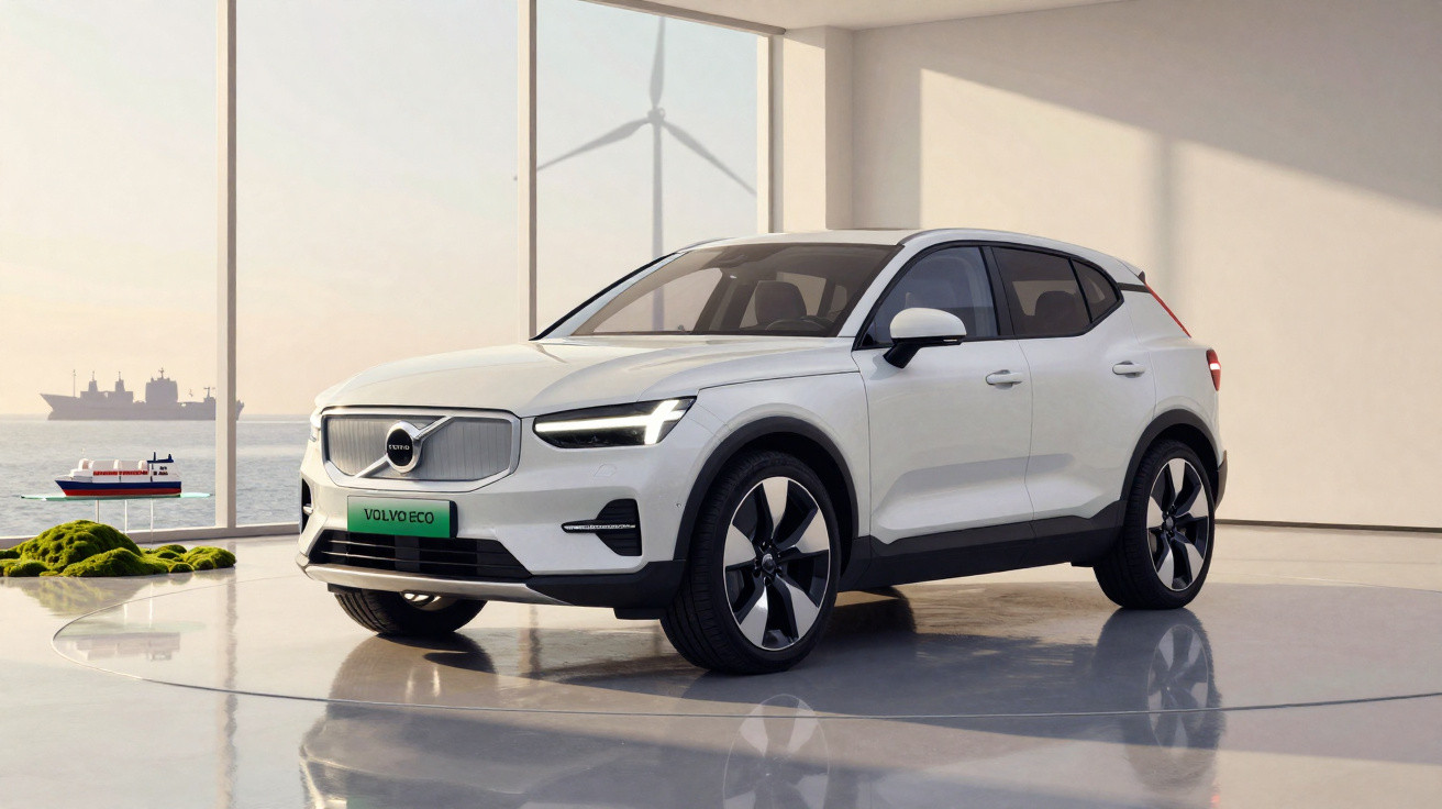 Carro elétrico branco Volvo Eco num espaço minimalista com janelas grandes e vista para o mar e turbina eólica.