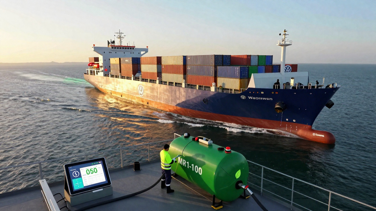 Navio cargueiro azul com contentores a navegar no mar durante o pôr do sol, com trabalhador a operar equipamento verde no con