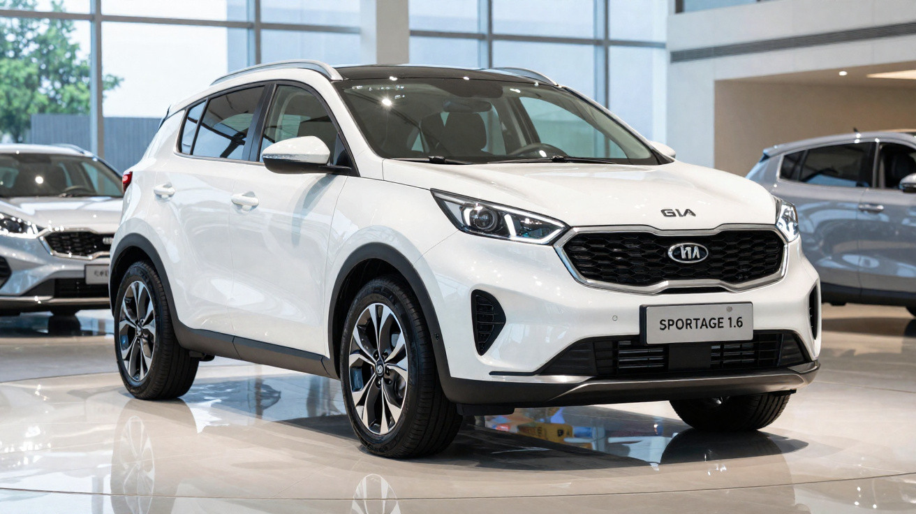Carro SUV branco Kia Sportage 1.6 estacionado dentro de concessionária moderna e iluminada.