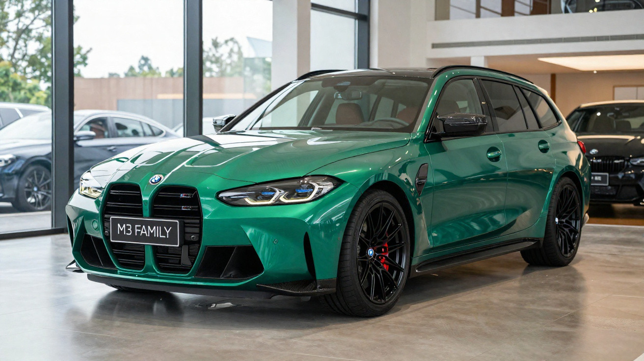Carro BMW M3 Family verde metálico em showroom moderno com faróis dianteiros acesos.