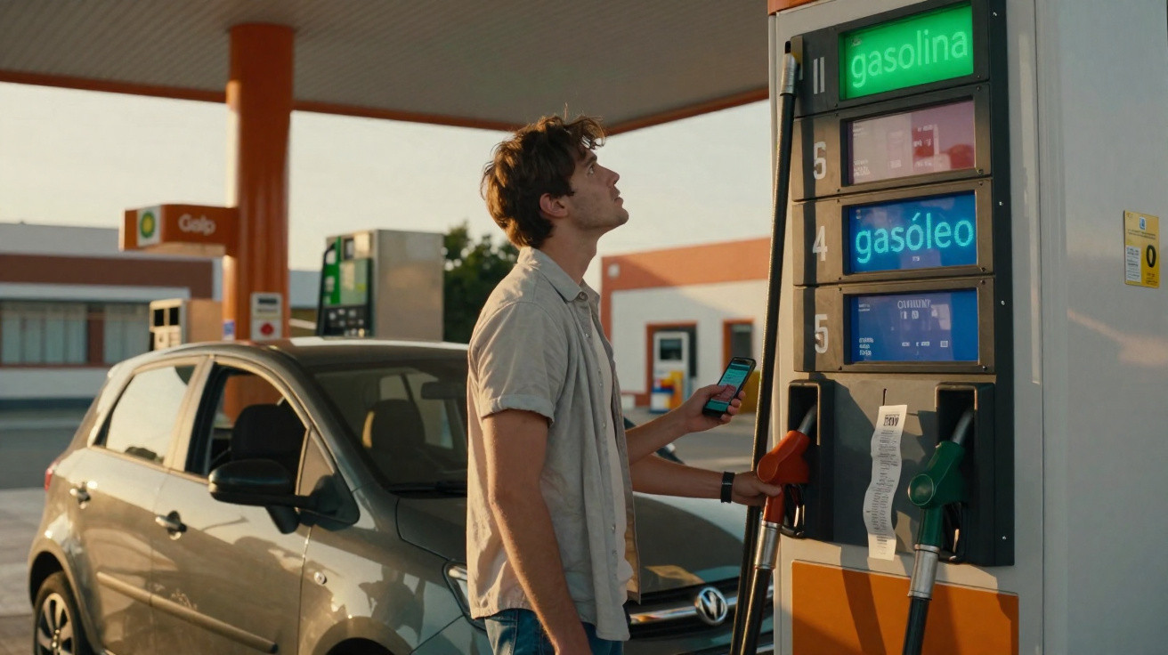 Homem de camisa bege abastece carro cinzento numa bomba de gasolina num posto Galp ao entardecer.