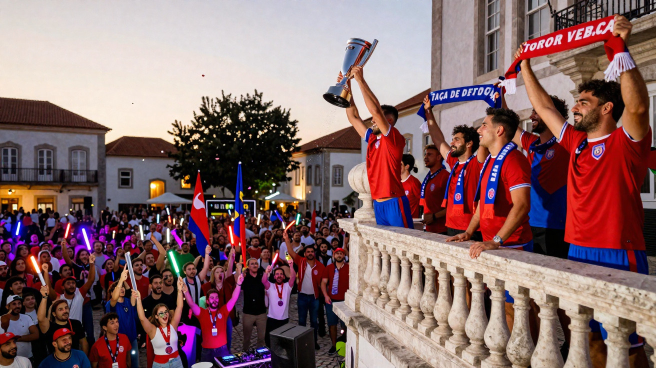 Equipa de futebol celebra vitória com troféu numa varanda, enquanto multidão aplaude numa praça ao entardecer.