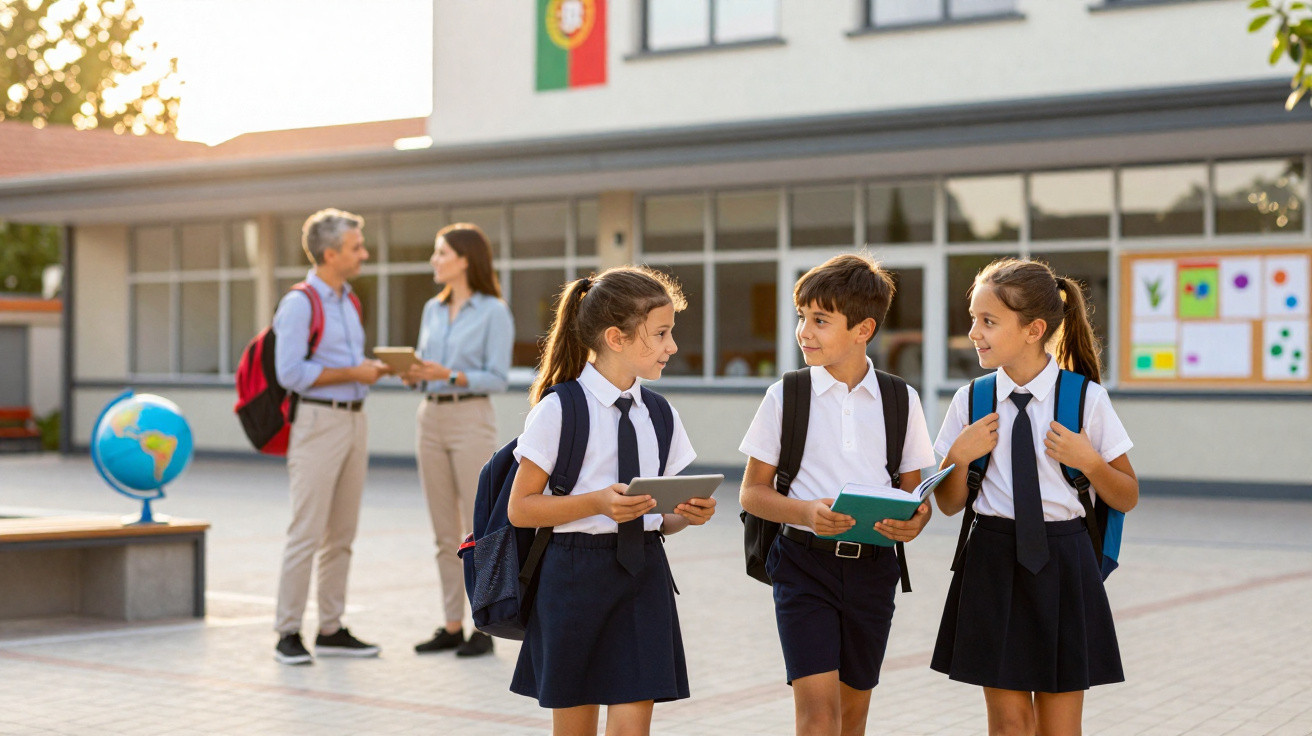 Três crianças em uniforme escolar conversam e seguram livros no pátio da escola com professores ao fundo.