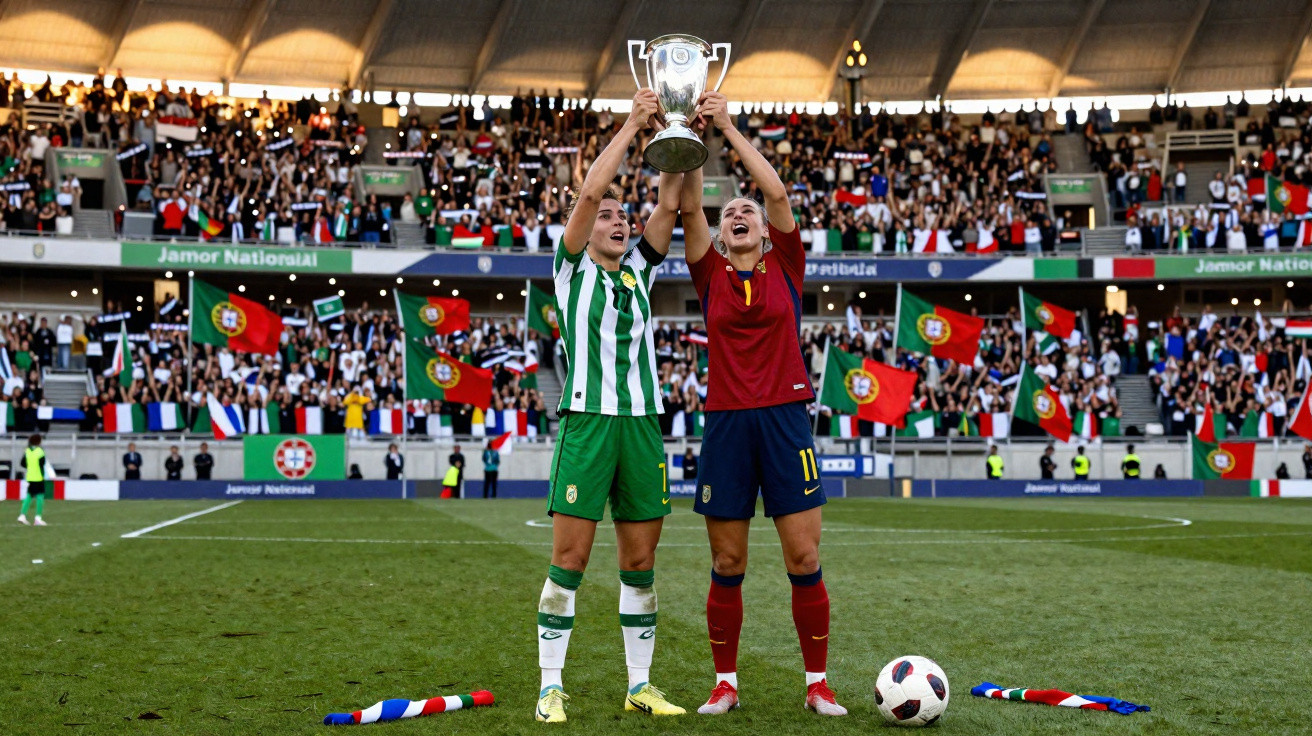 Duas jogadoras de futebol, de equipas diferentes, erguem um troféu juntas num estádio com bandeiras de Portugal e Espanha.
