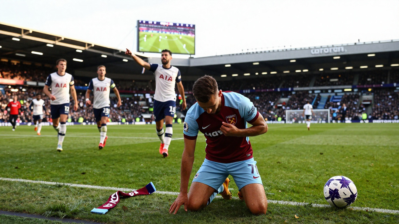 Jogador do West Ham ajoelhado no relvado com bola e jogadores do Tottenham ao fundo num estádio.