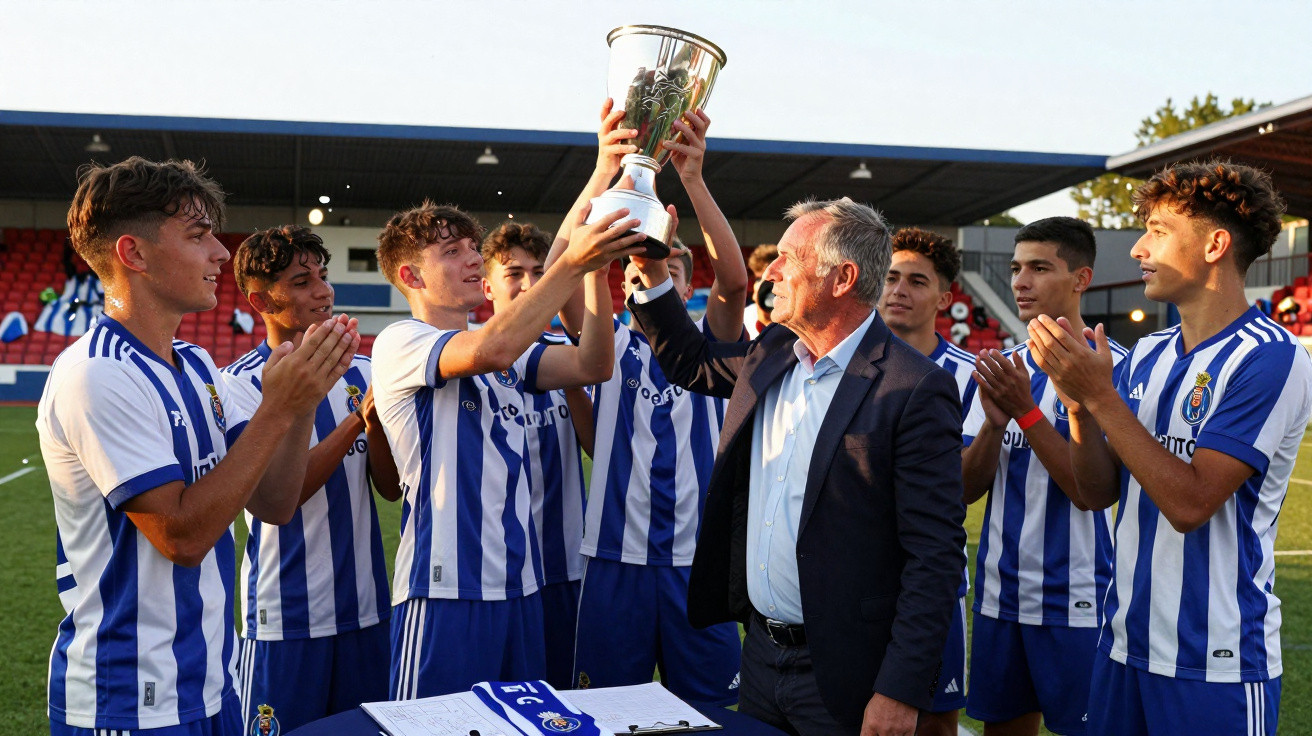 Jovens futebolistas do FC Porto comemoram a vitória enquanto levantam um troféu com um homem mais velho no campo.