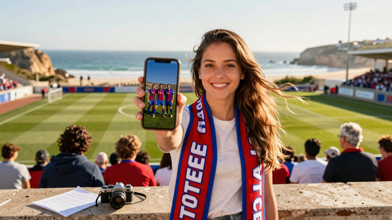 Mulher sorridente num estádio de futebol junto ao mar, mostrando uma foto no telemóvel com jogadores em campo.