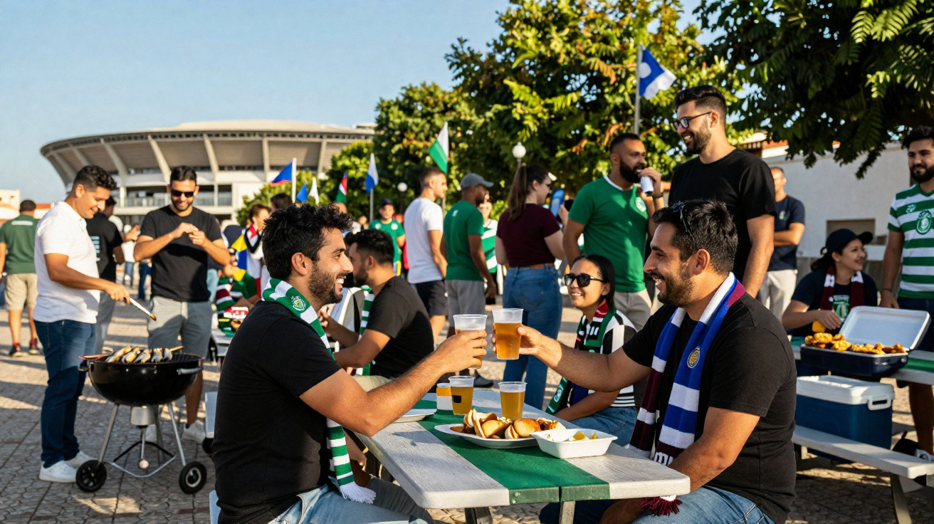 Grupo de adeptos de futebol a confraternizar com bebidas e comida numa zona exterior.