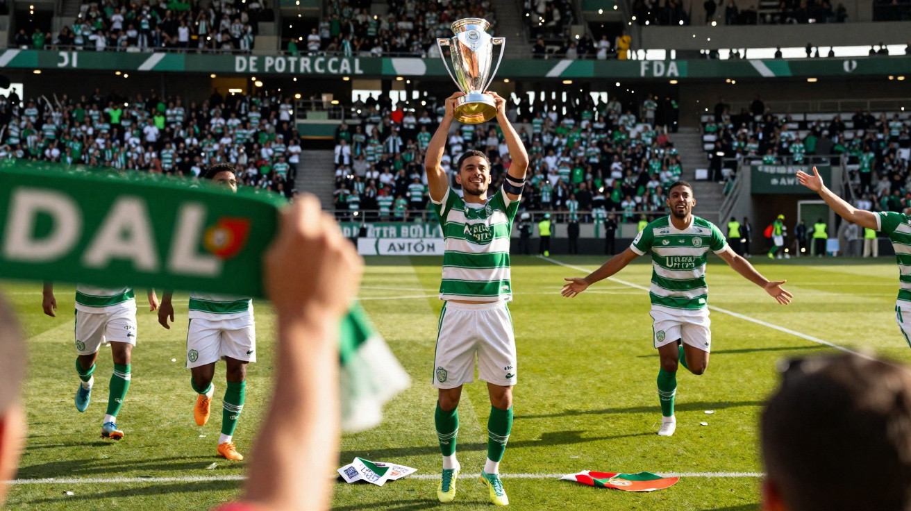 Jogador do Sporting a celebrar com troféu na mão, rodeado por colegas e adeptos no estádio.