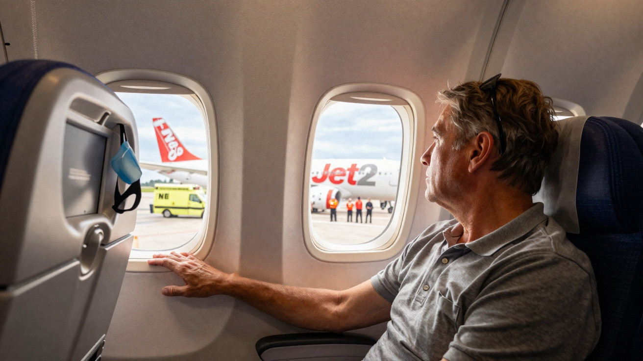 Homem sentado junto à janela de avião, olhando para outro avião da Jet2 no aeroporto.