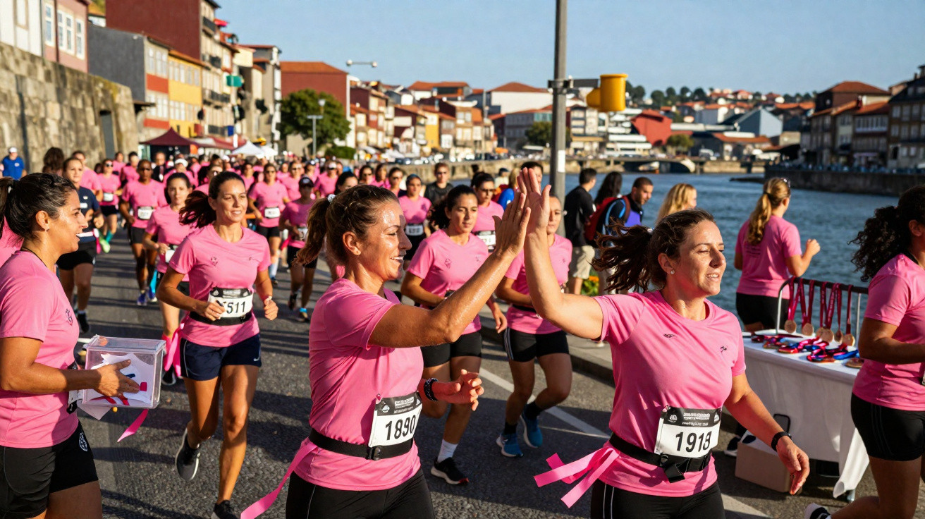 Mulheres a correr numa prova de atletismo, com camisolas cor-de-rosa, junto a um rio numa cidade.