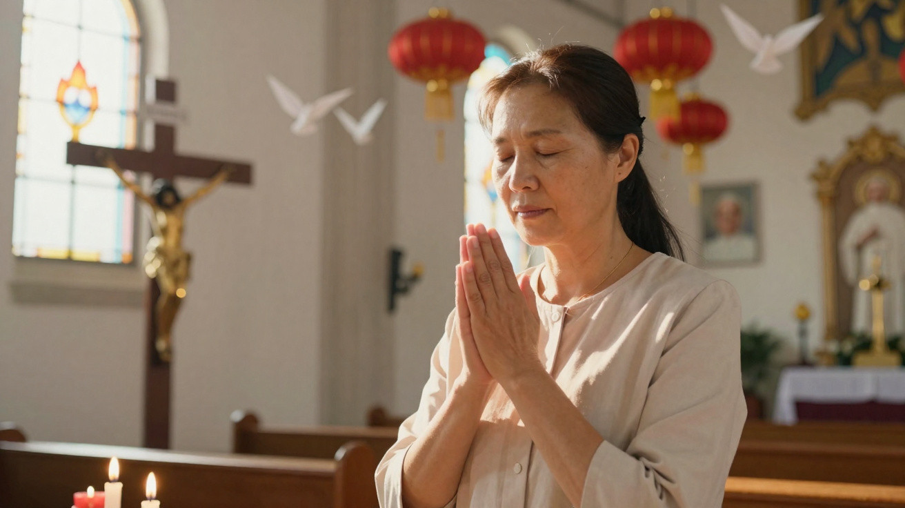Mulher asiática a rezar com olhos fechados numa igreja, com crucifixo, velas e lanternas vermelhas ao fundo.
