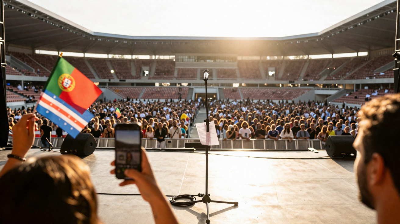 Palco vazio com microfone e multidão numa arena ao pôr do sol, com pessoa a filmar e a segurar bandeira de Cabo Verde e Portu